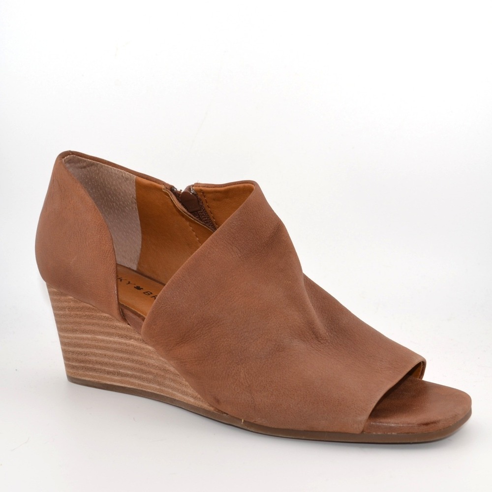 Lucky Brand Peep Toe Wedge Booties Casual Summer Brown Leather Zip 7.5 Date